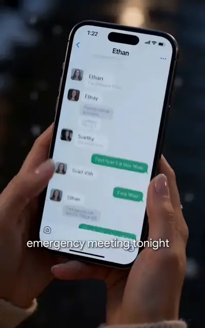 Olivia holding the phone showing Ethan's emergency meeting text